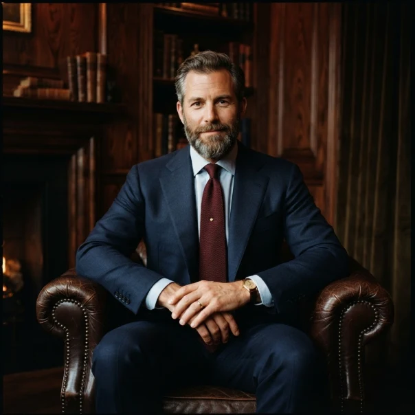 Man in a navy suit seated in a leather armchair by a bookshelf