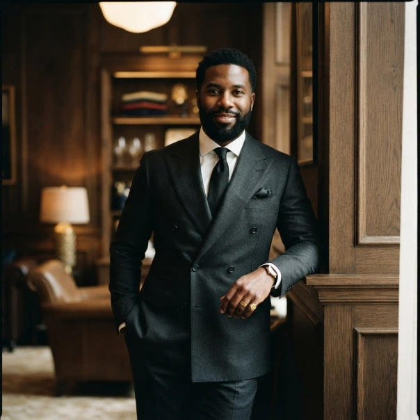 Man in a grey tailored suit in a warmly lit interior