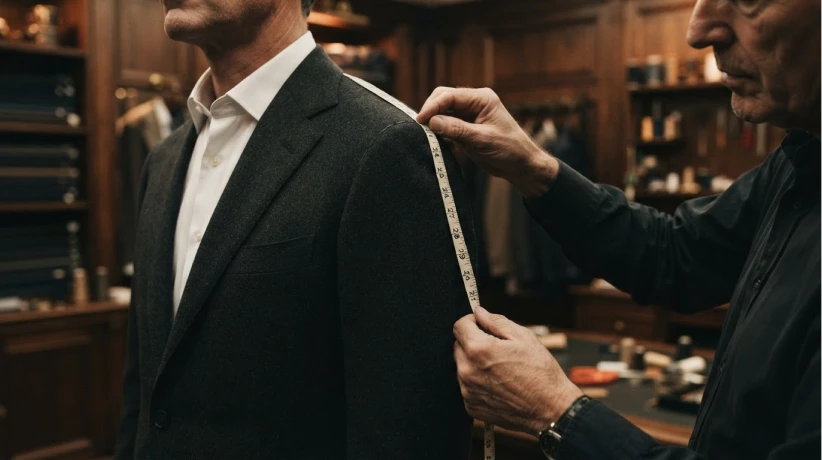 Tailor taking a shoulder measurement with a tape measure