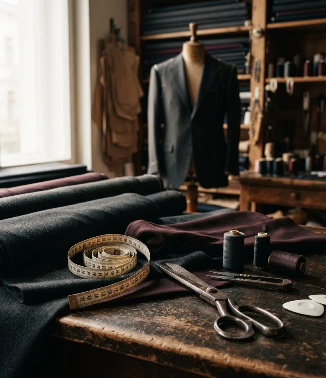 Tailoring atelier with a finished jacket on a mannequin, folded cloth, measuring tape and shears
