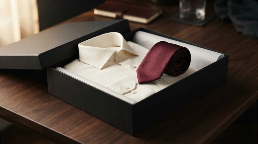 Folded shirt and tie presented in a delivery box