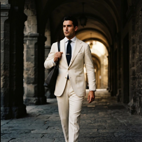 Man in a cream double-breasted suit walking through a colonnade