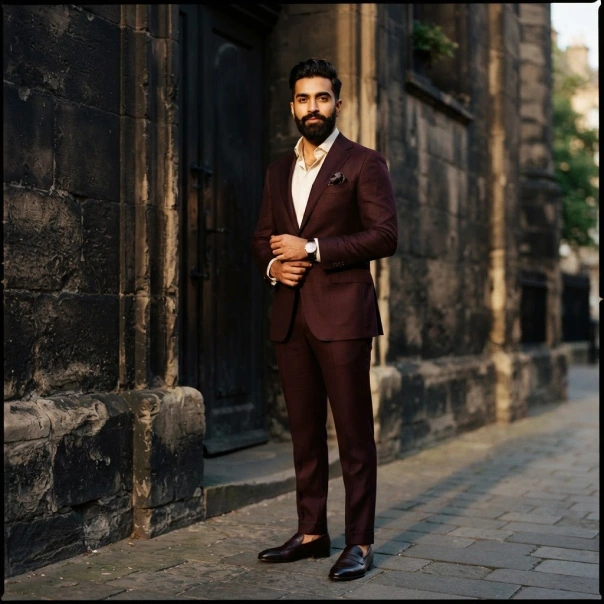 Man in a burgundy suit standing in a stone archway